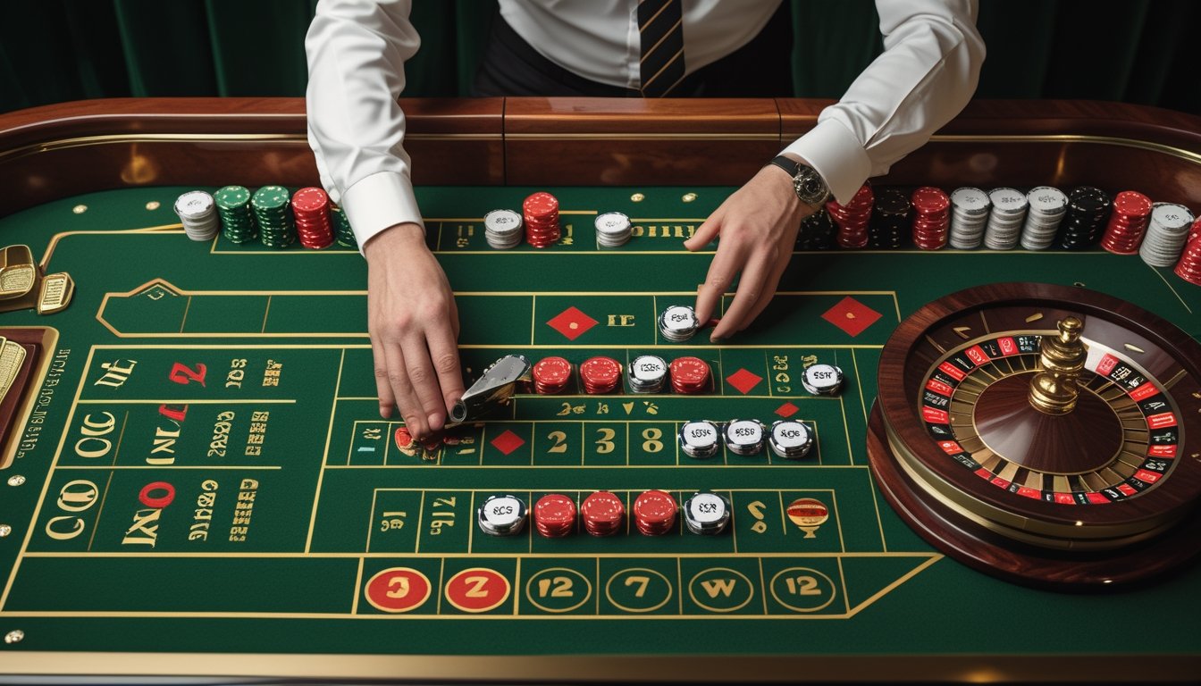 Meja American roulette dengan chip taruhan ditempatkan pada area taruhan luar dan dalam.