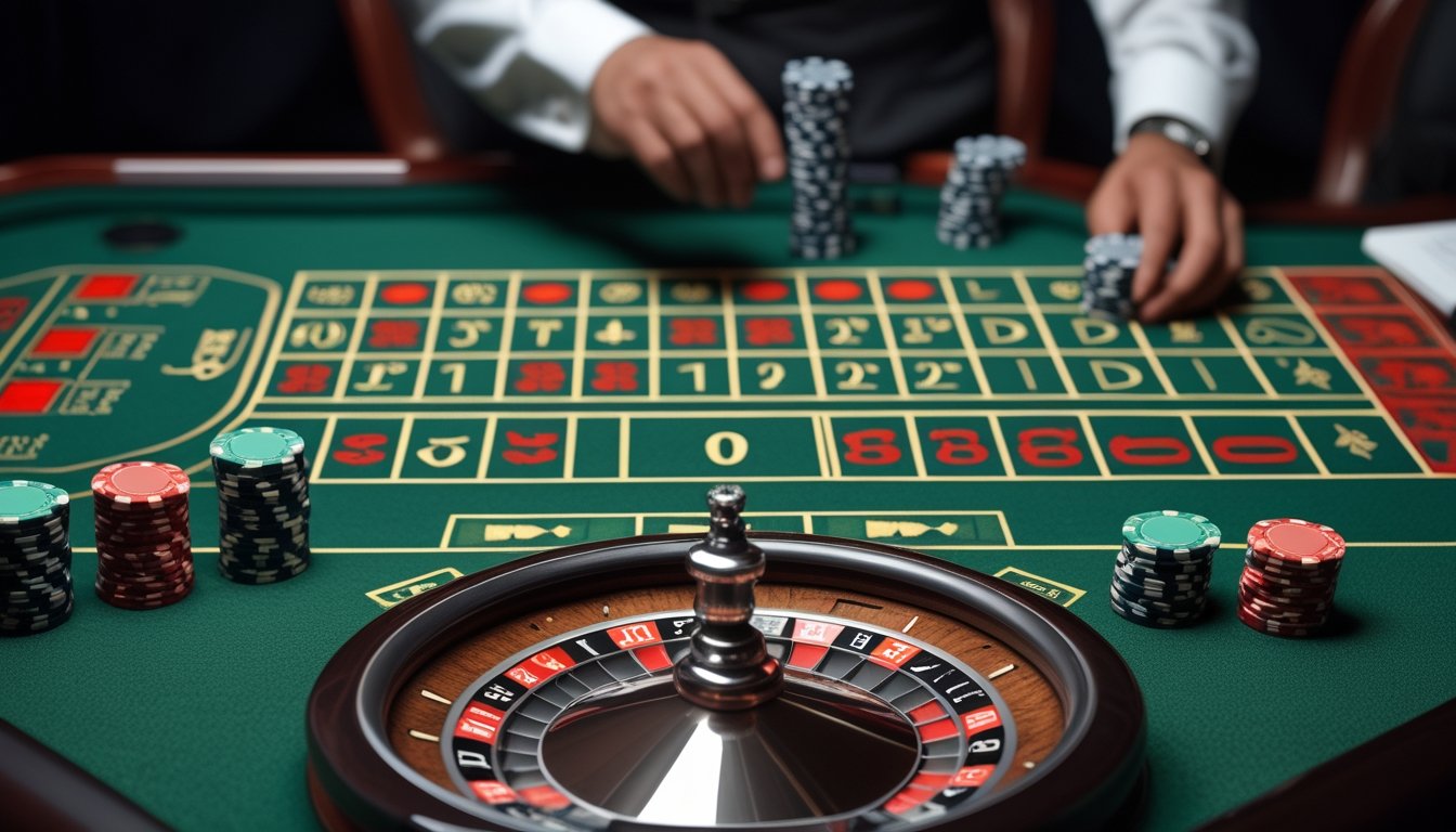 Meja roulette Amerika dengan roda roulette, keping taruhan, dan tangan bandar yang menata taruhan di area dalam dan luar.