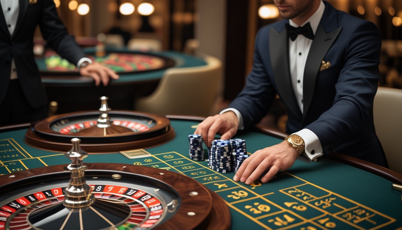 Pemain profesional yang percaya diri memasang taruhan di meja roulette Amerika dalam suasana kasino mewah.