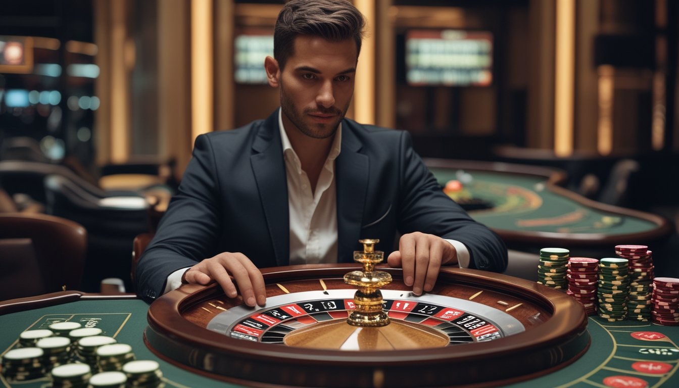 Pemain roulette profesional duduk fokus di meja kasino sambil mengamati roda dan menempatkan taruhan.