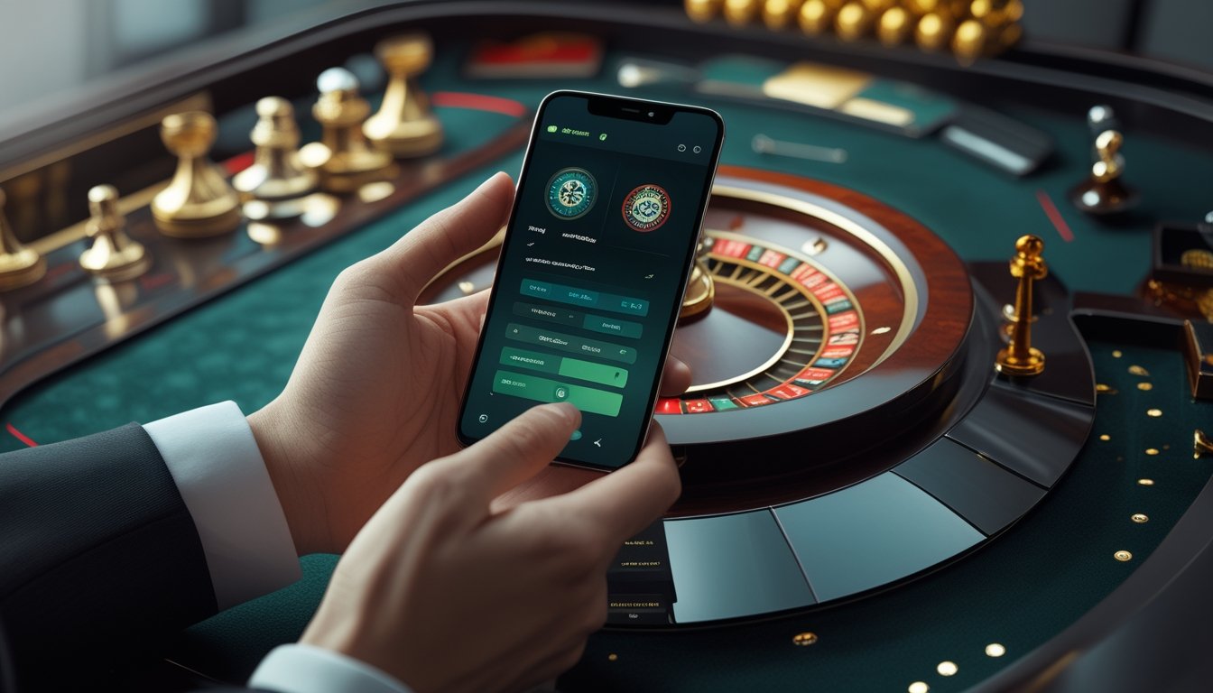 Seseorang menggunakan aplikasi roulette di ponsel pintar di samping meja roulette modern.