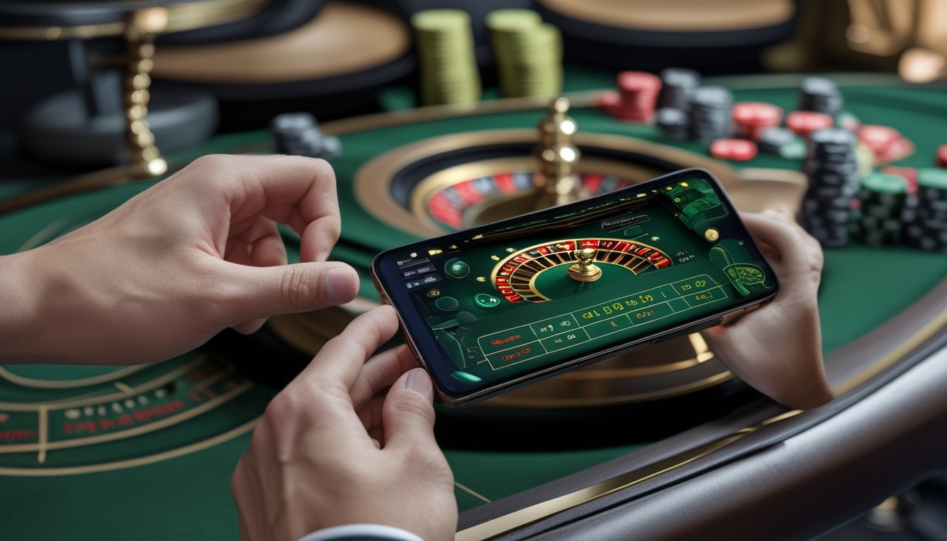 Tangan memegang ponsel yang menampilkan permainan American roulette dengan roda roulette dan keping taruhan di meja.