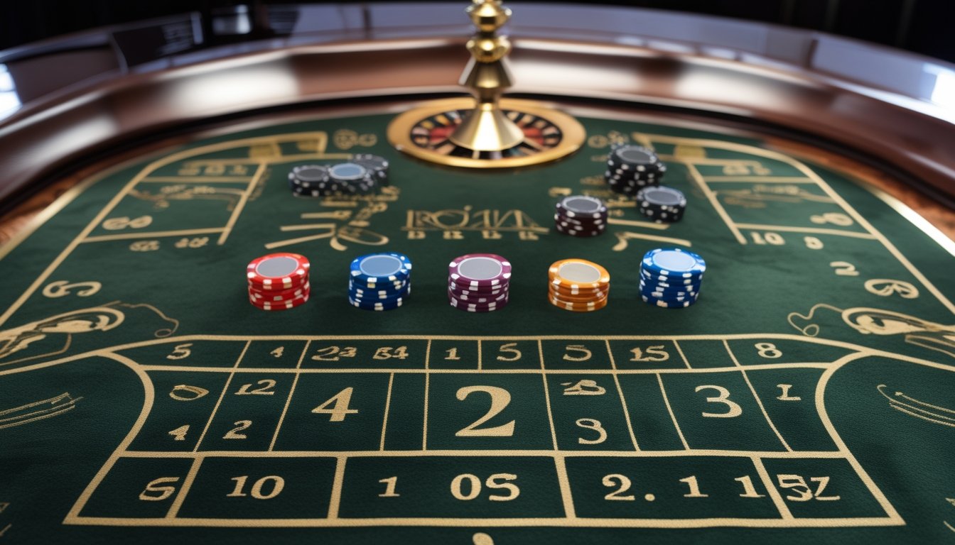 Meja roulette Amerika dengan keping taruhan yang ditempatkan pada berbagai posisi taruhan dalam.
