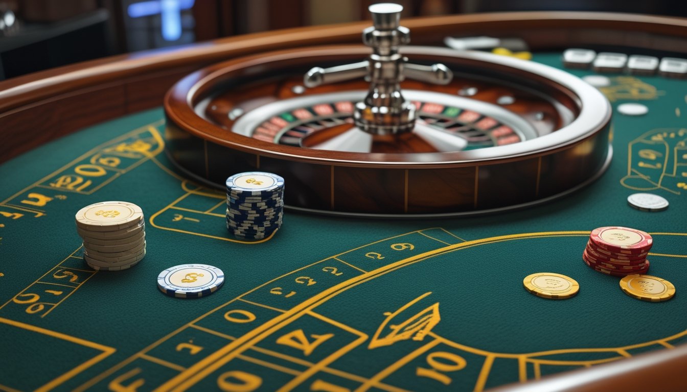 Meja roulette Amerika dengan roda roulette dan keping taruhan pada berbagai posisi taruhan inside bet.