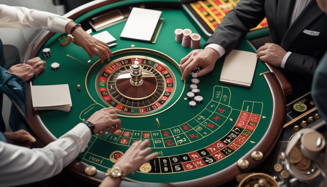 Pemain dewasa menempatkan taruhan kecil dengan hati-hati di meja roulette Amerika yang tertata rapi di kasino.