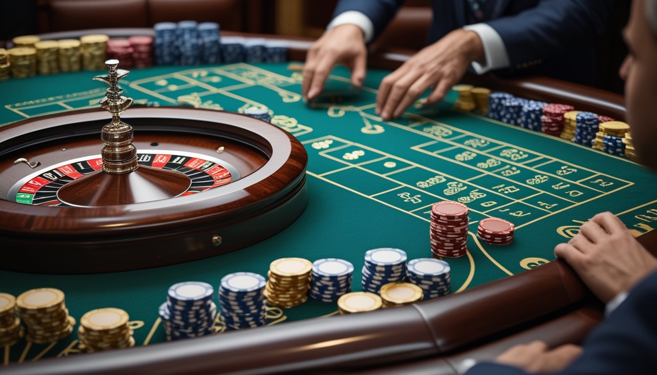 Pemain memperhatikan roda roulette Amerika dan susunan taruhan sambil mengikuti arahan dealer di meja kasino.