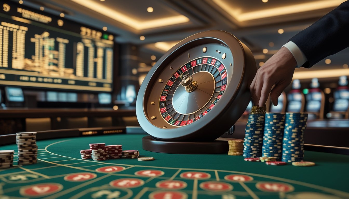 Roda roulette Amerika dengan bola putih, keping taruhan, dan tangan dealer di meja kasino.