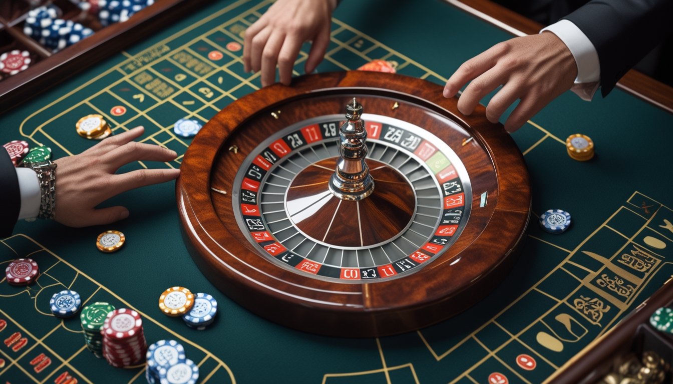 Roda roulette Amerika dengan angka 0 dan 00, meja taruhan, serta keping kasino di lingkungan kasino.