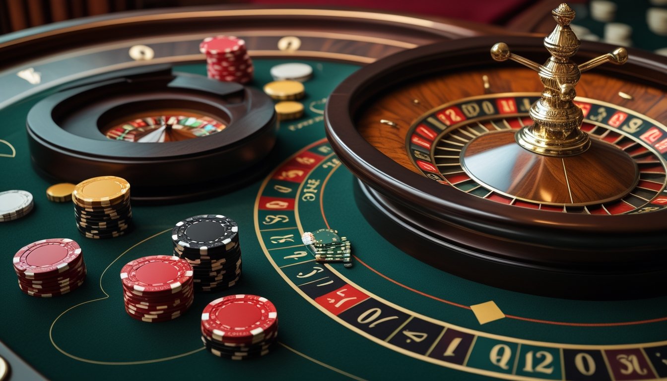 Meja roulette hijau dengan roda roulette, bola putih, dan keping kasino berwarna merah, hitam, serta emas.