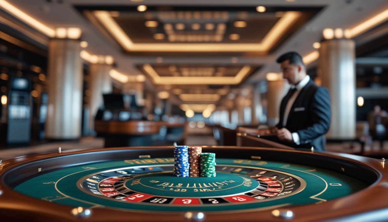 Meja kasino elegan dengan roda roulette Amerika, keping taruhan, dan seorang croupier.