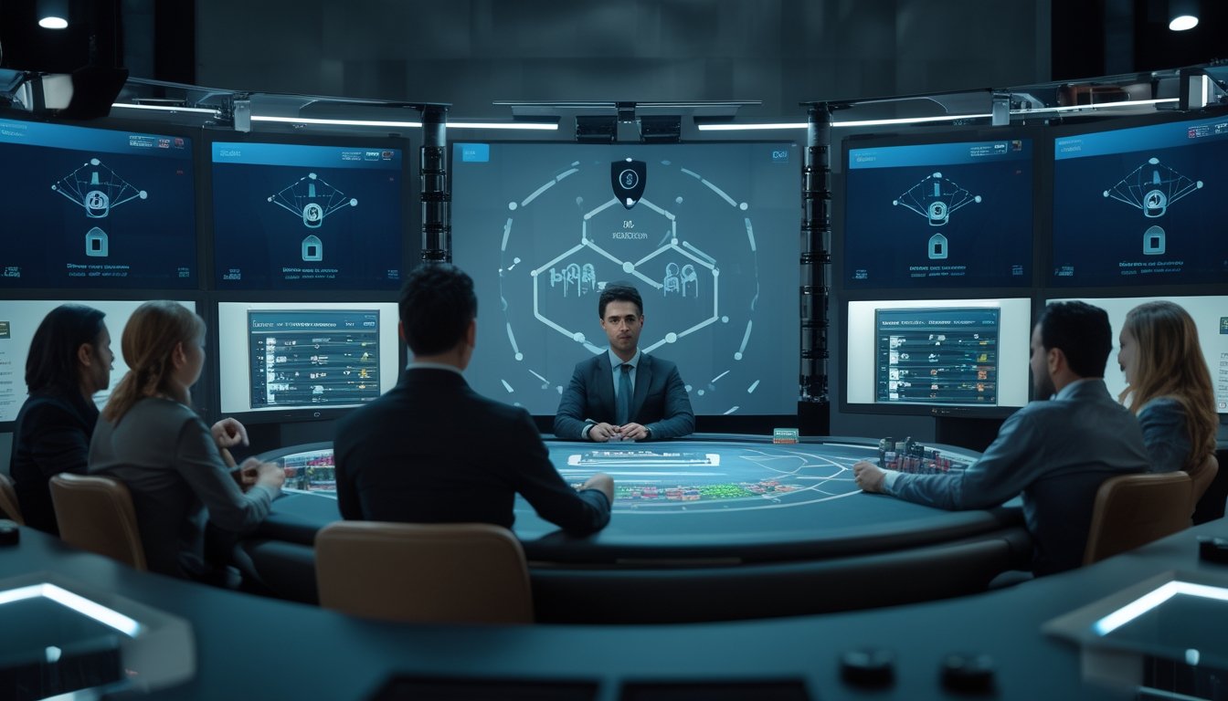 Dealer profesional memandu permainan langsung di studio modern dengan tampilan keamanan digital dan peserta melalui layar.