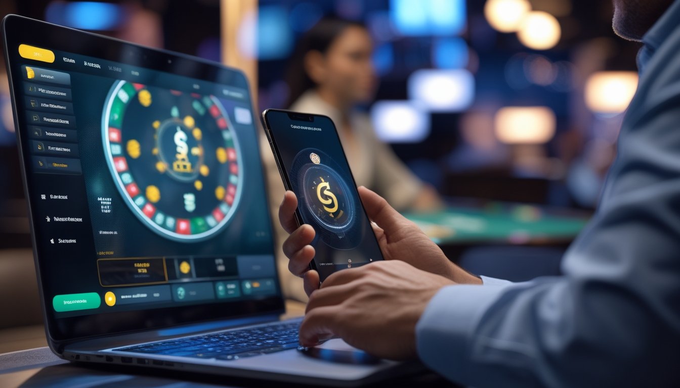 Seseorang menggunakan ponsel untuk melakukan transaksi digital di lingkungan permainan kasino dengan dealer langsung.