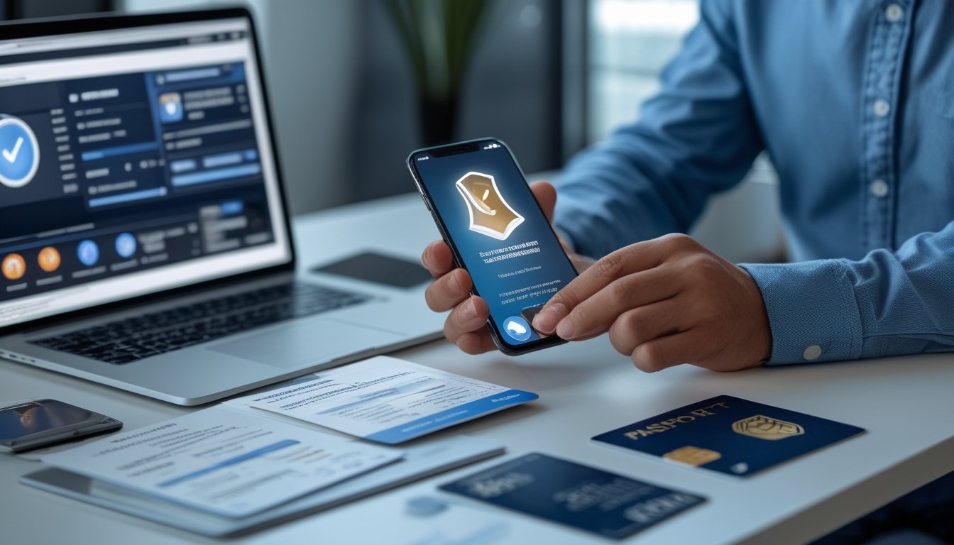 Seseorang menyiapkan dokumen identitas dan memverifikasi akun melalui laptop dan ponsel di meja kerja modern.