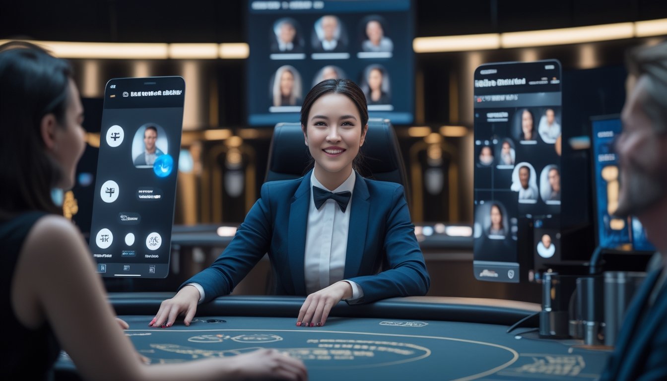 Seorang dealer profesional berinteraksi dengan peserta melalui antarmuka digital di studio permainan modern.