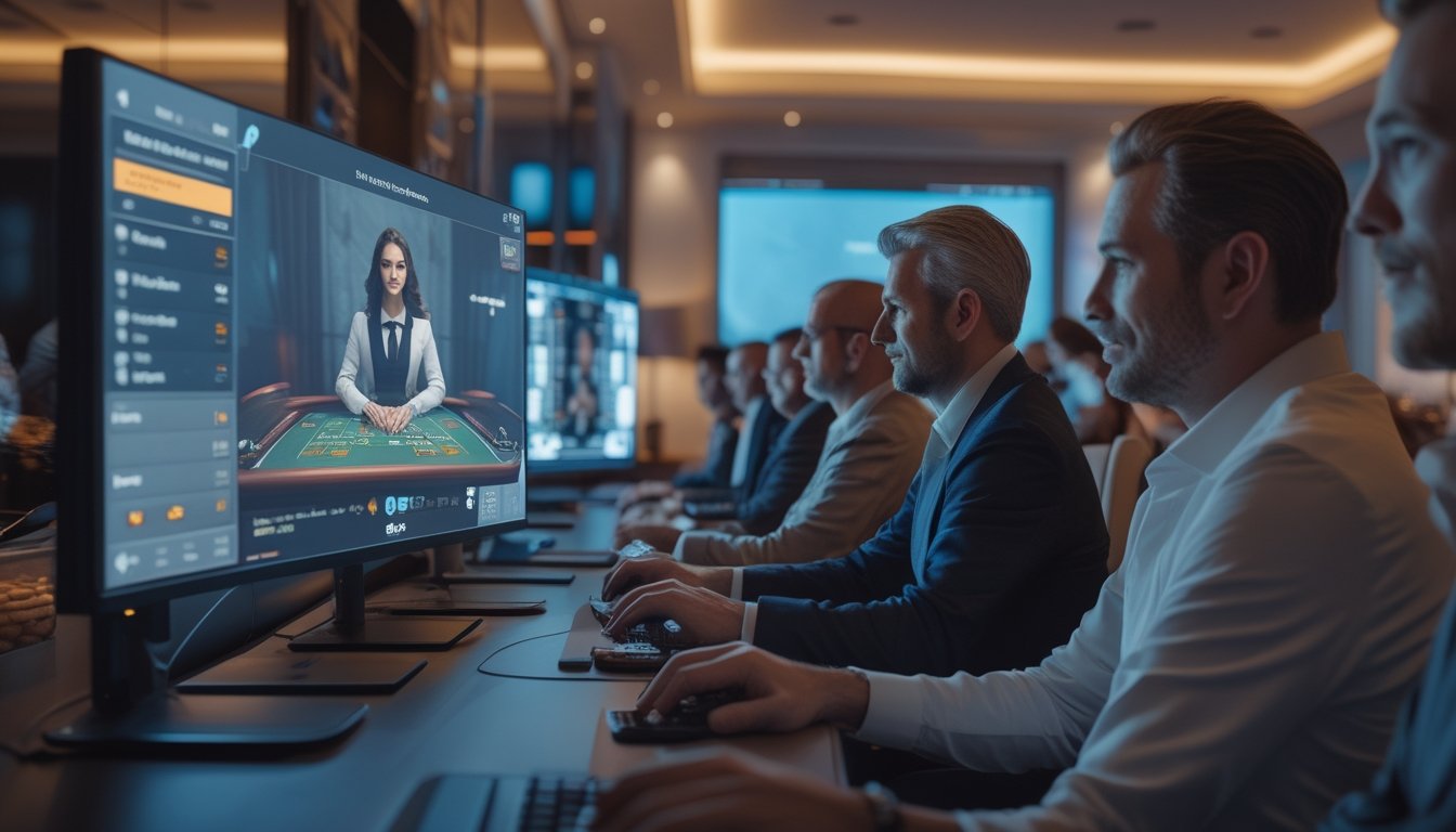 Sekelompok pemain dewasa berinteraksi melalui fitur chat saat menyaksikan permainan blackjack dengan dealer secara langsung di layar.