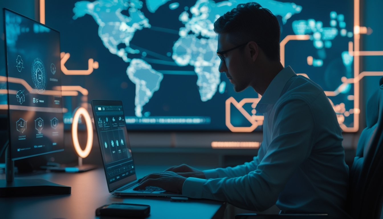 Seseorang menggunakan laptop dan ponsel dengan simbol koneksi digital yang aman di ruang kerja modern.