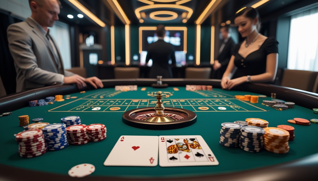 Meja kasino dengan kartu, roda roulette, chip, dadu, dan dealer dalam suasana permainan live modern.
