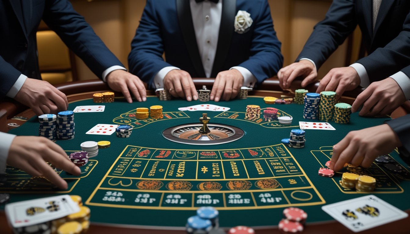 Dealer dan pemain menempatkan keping taruhan di meja kasino dengan kartu, roda roulette, dan susunan keping warna-warni.