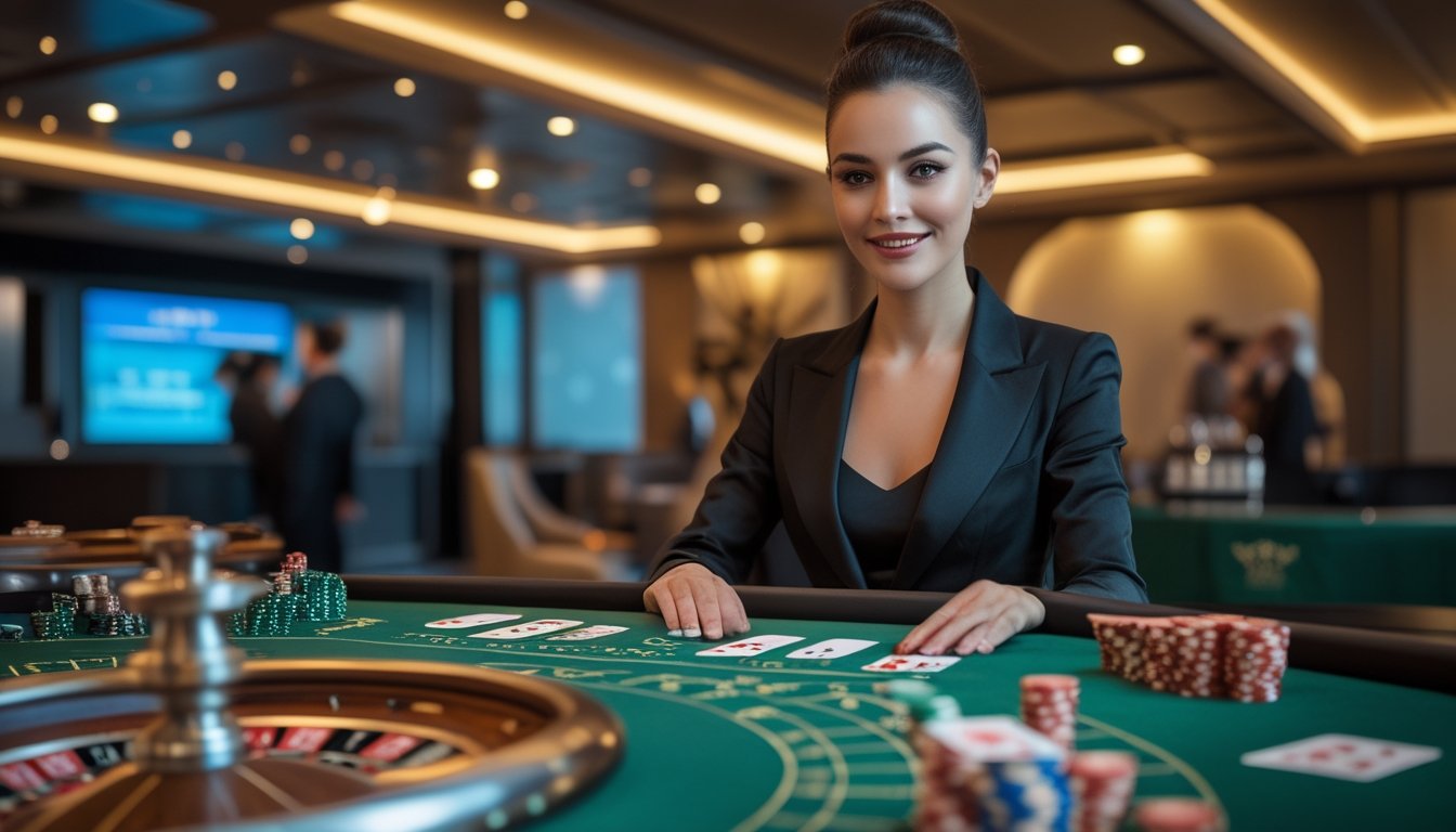 Seorang dealer wanita duduk di meja permainan VIP yang mewah dengan perlengkapan kasino.