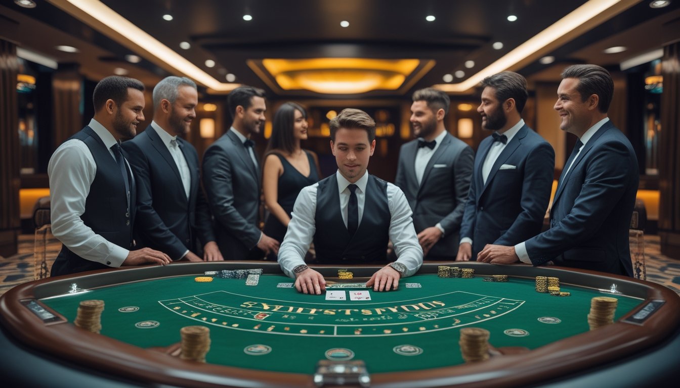 Dealer memandu permainan kartu di meja VIP mewah bersama para tamu berpakaian elegan.