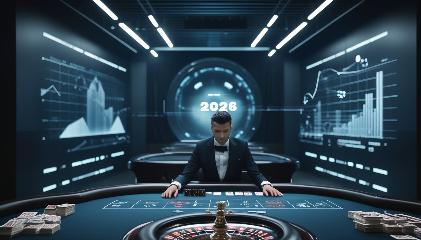 Dealer profesional berada di meja permainan kasino langsung dengan roda roulette, kartu, dan visualisasi data abstrak.