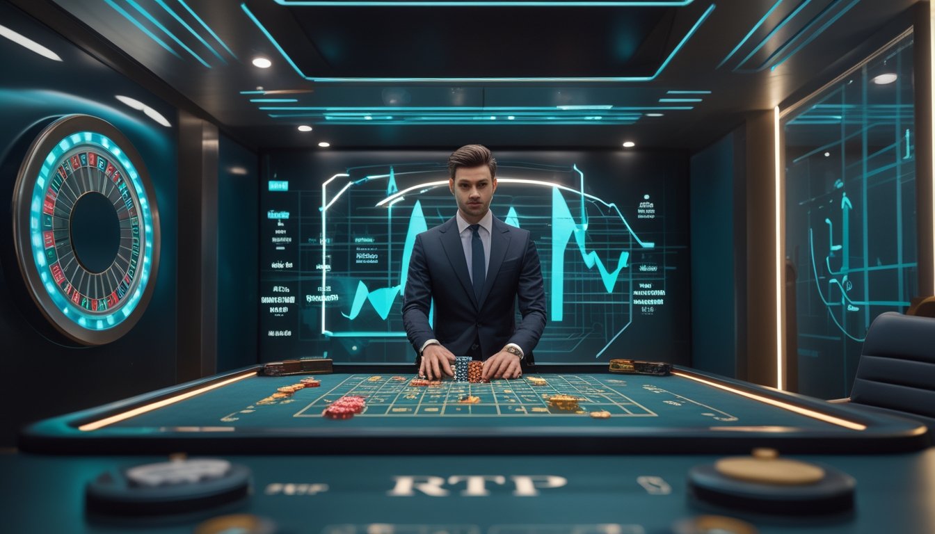 Dealer profesional memandu permainan kasino langsung dengan roda roulette, kartu, chip, dan visualisasi data abstrak di studio modern.