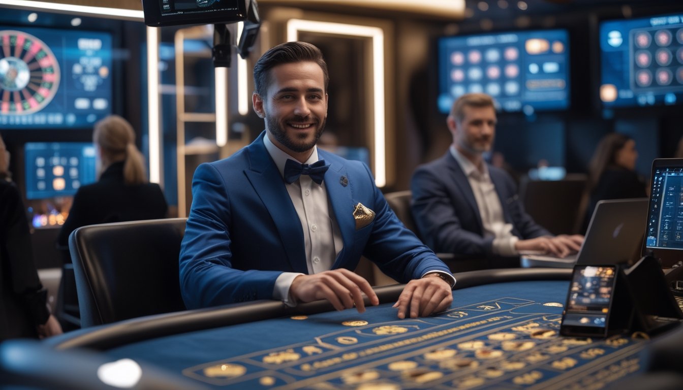 Dealer kasino berinteraksi dengan pemain melalui permainan kasino langsung di studio modern.