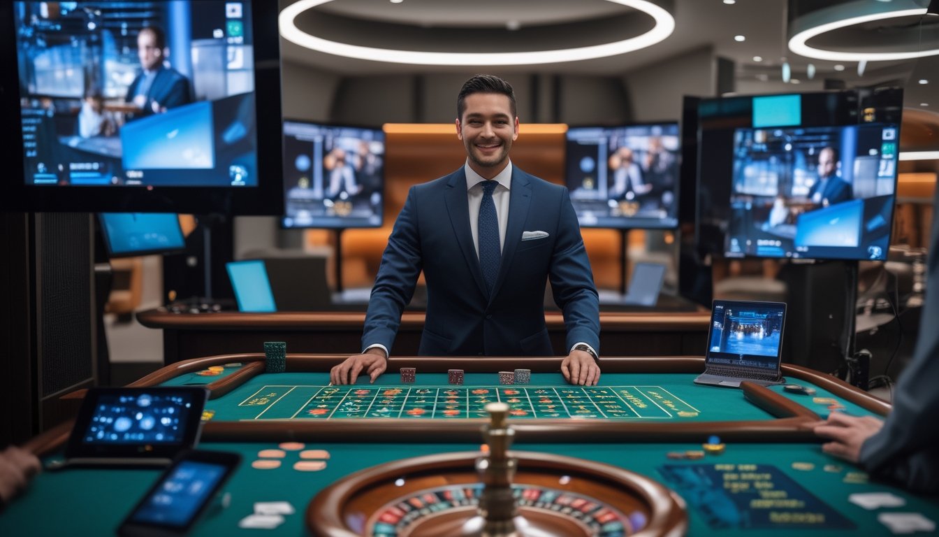Dealer kasino memandu permainan roulette secara langsung dari studio modern kepada pemain yang terhubung melalui perangkat digital.