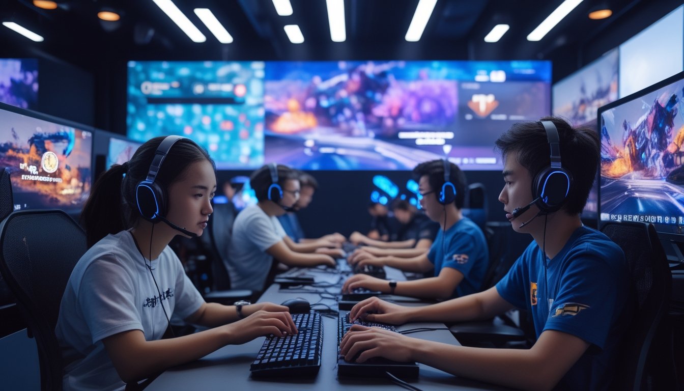 Para pemain esports sedang bertanding di arena gaming modern dengan layar komputer berisi visual permainan futuristis.