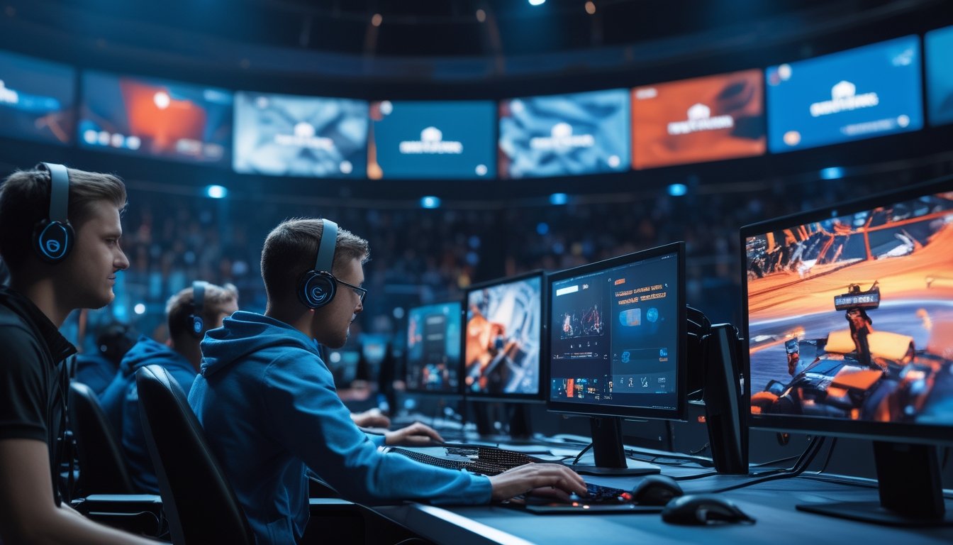 Para pemain esports bertanding di arena modern dengan layar bercahaya dan penonton di latar belakang.