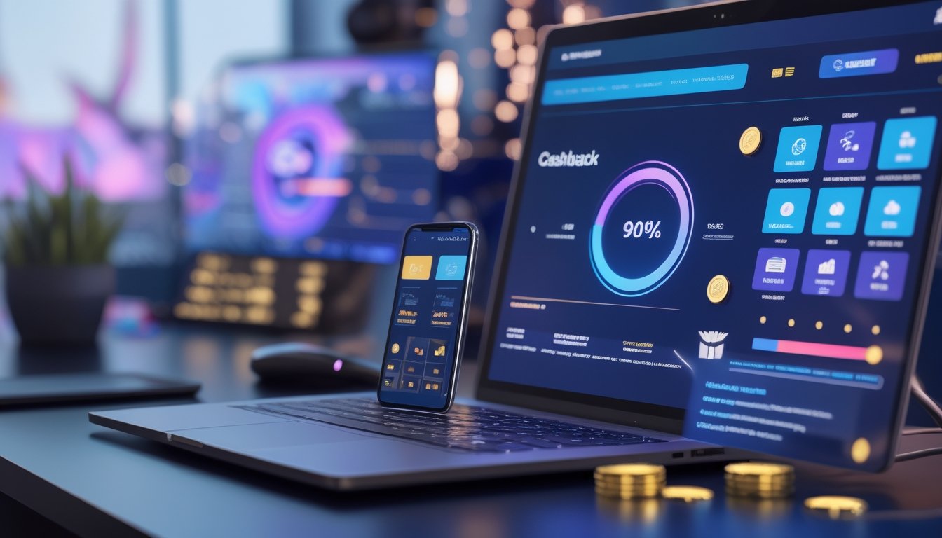 Laptop dan ponsel menampilkan ilustrasi hadiah digital dengan koin dan simbol cashback di meja kerja modern.