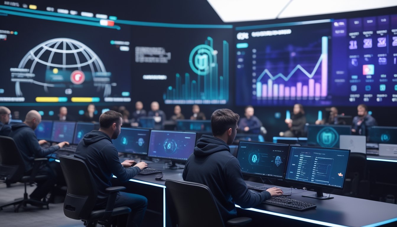 Arena esports modern dengan pemain dewasa, layar digital abstrak, dan visualisasi data yang menggambarkan perkembangan teknologi taruhan daring.