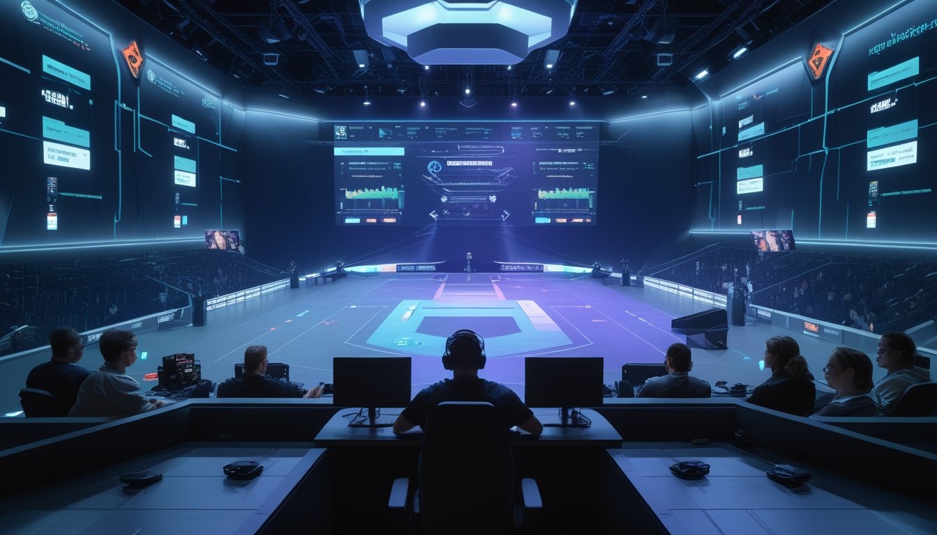 Arena esports modern dengan pemain dewasa, penonton, perangkat digital, dan visualisasi data abstrak.