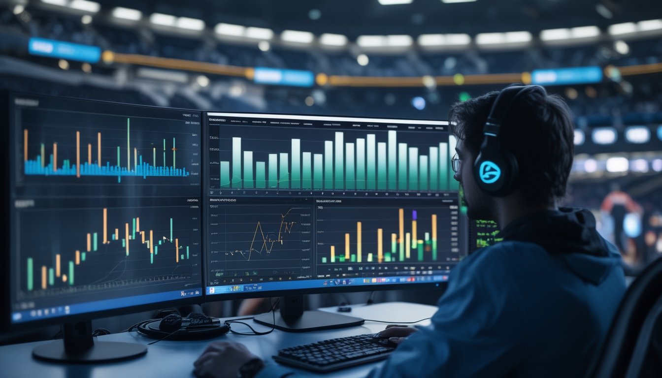 Analis memeriksa grafik performa tim esports profesional di ruang kerja dengan beberapa layar.
