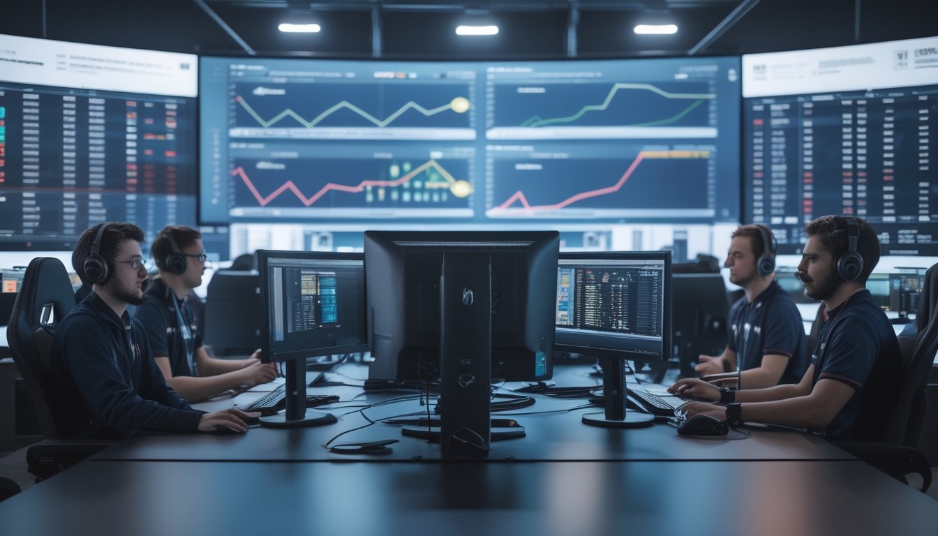 Analis dan pemain esports meninjau data performa tim di ruang kerja modern.