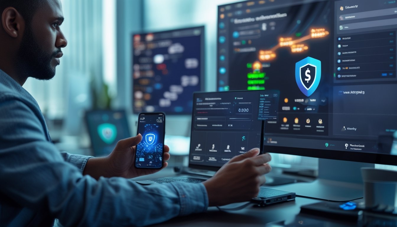 Pengguna mengelola deposit dan penarikan dana digital melalui laptop dan ponsel di ruang kerja esports modern.
