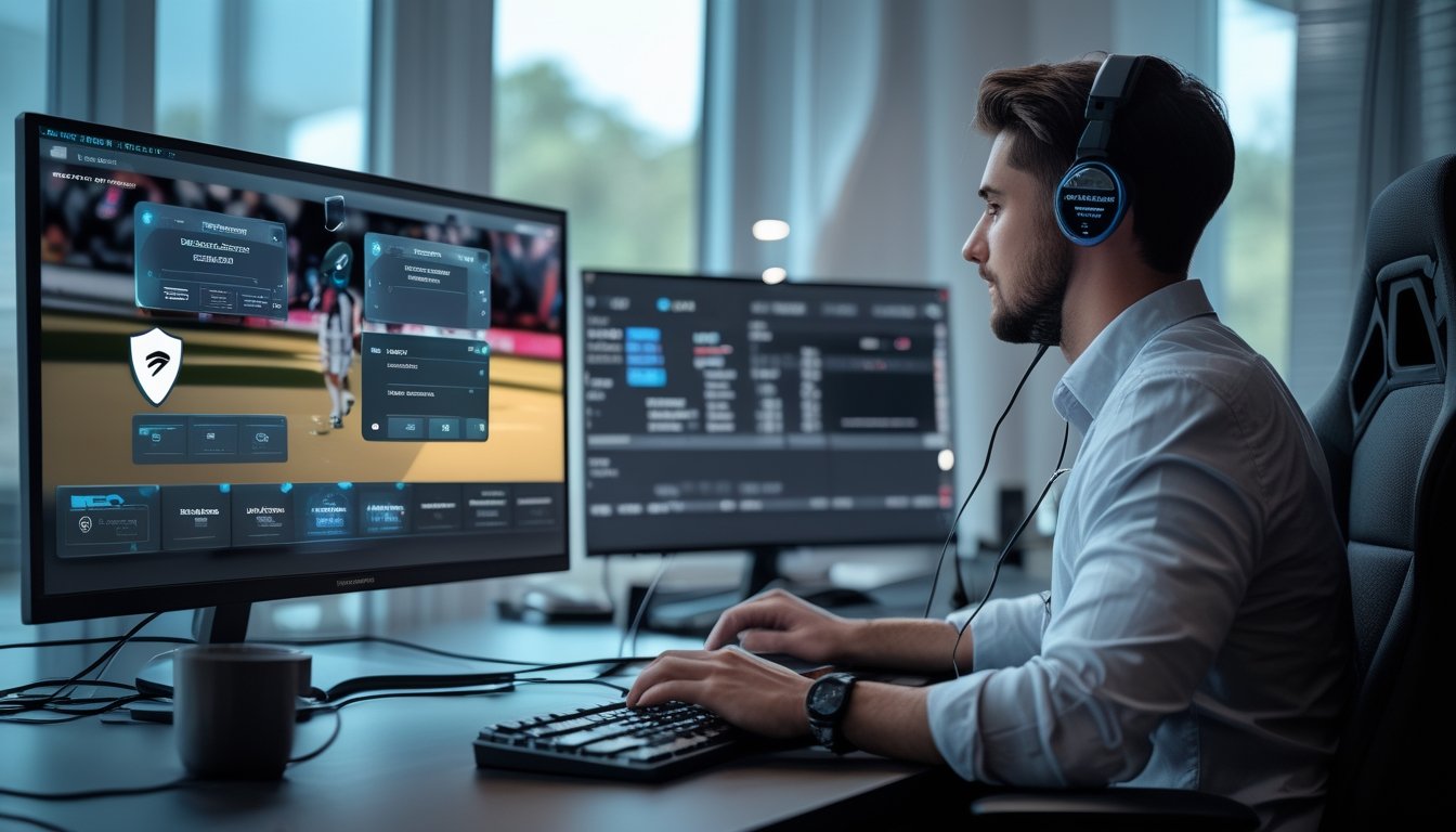 Pengguna esports memeriksa platform pembayaran digital yang aman di ruang kerja modern.