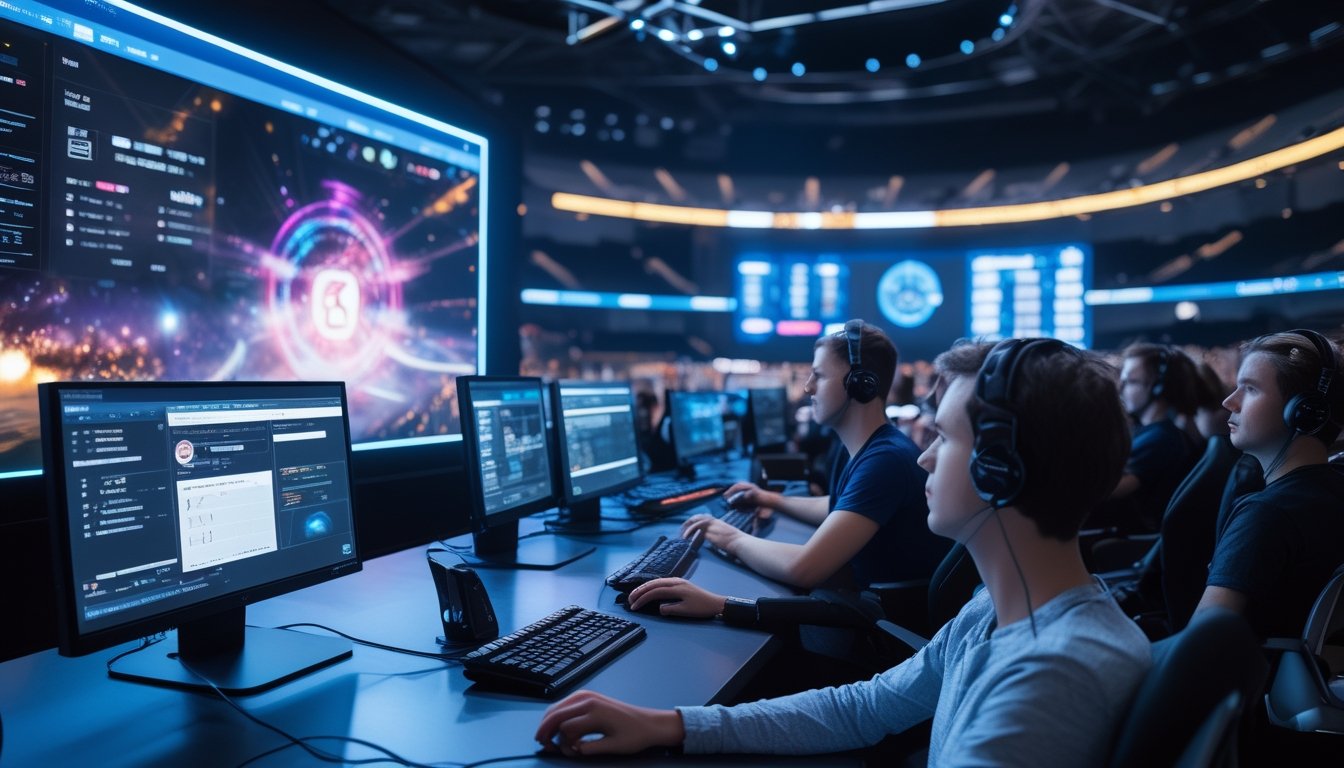 Penonton dan pemain dewasa mengikuti turnamen esports modern dengan layar digital dan analisis data taruhan.