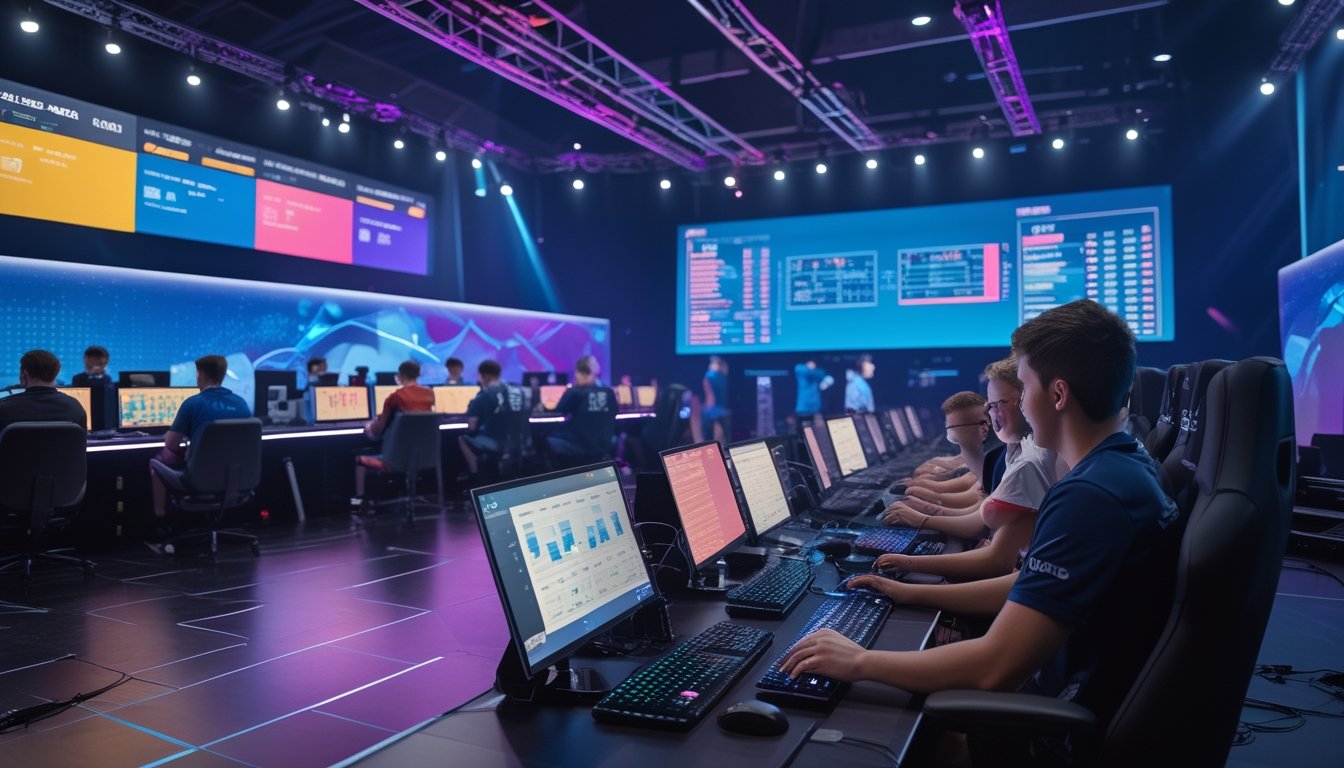 Arena esports modern dengan pemain dewasa bertanding, penonton menyaksikan, dan seorang penonton menganalisis statistik pertandingan di tablet.