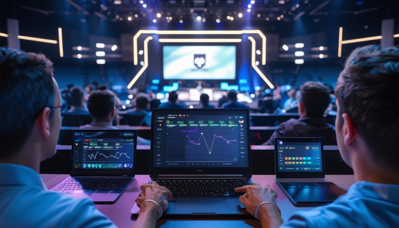 Penonton menyaksikan pertandingan esports sambil memantau statistik langsung melalui laptop dan ponsel.