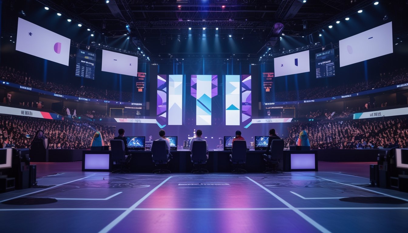 Arena esports modern dengan pemain profesional bertanding di panggung, penonton memenuhi ruangan, dan piala di bagian depan.