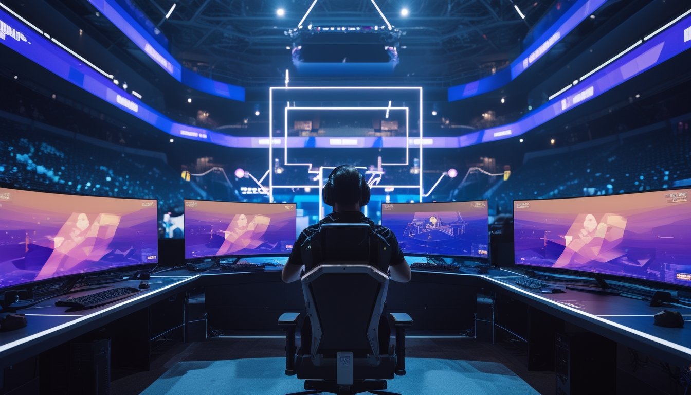 Pemain esports bertanding di arena turnamen modern yang dipenuhi penonton dan cahaya warna-warni.