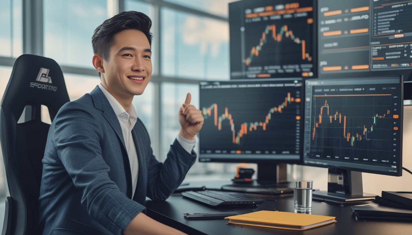 Seorang analis esports dewasa merayakan keberhasilan di ruang kerja modern dengan layar analitik pertandingan.