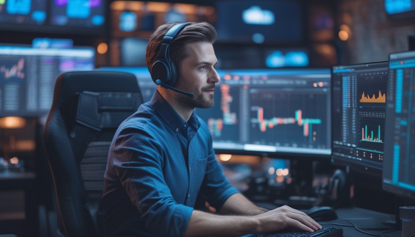 Seorang profesional esports menganalisis data pertandingan di ruang kerja modern.