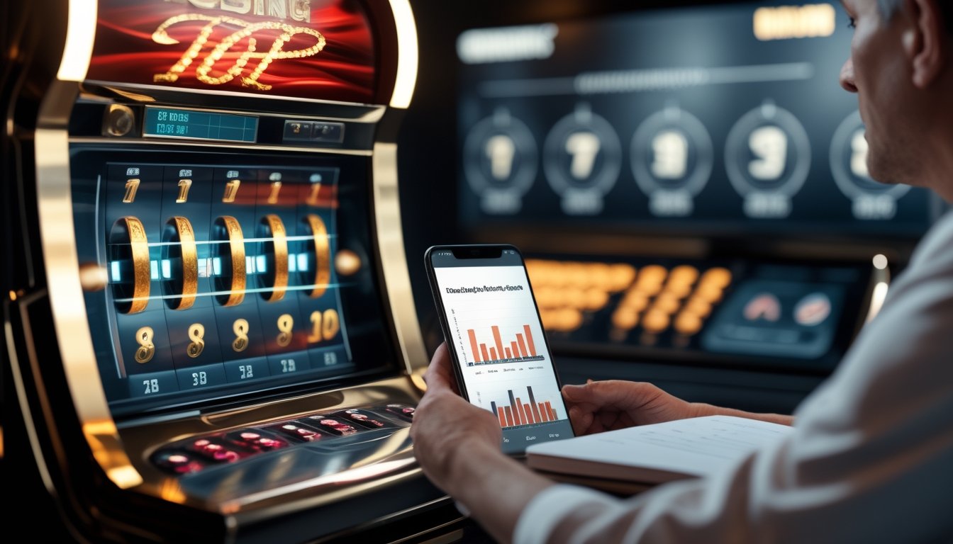 Seorang analis memeriksa pola waktu dan data permainan mesin slot di meja kerja modern.