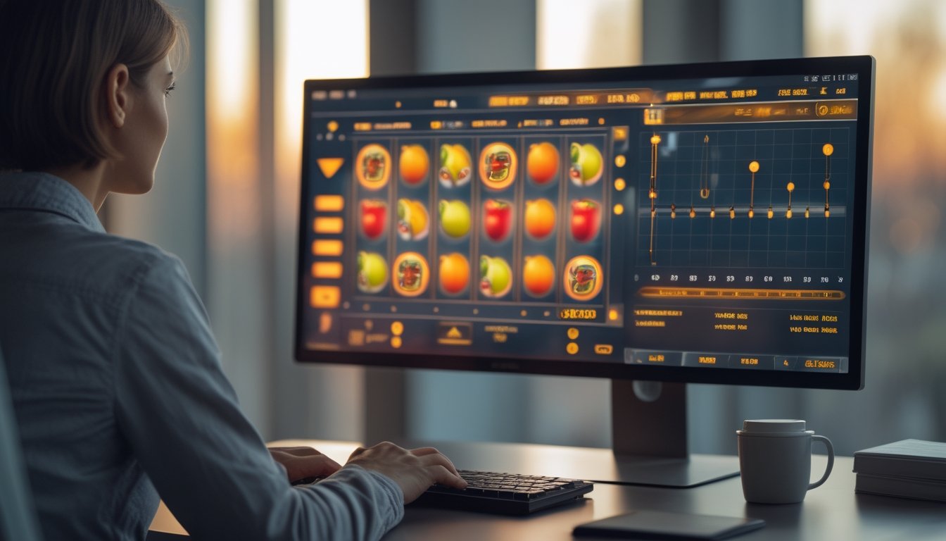 Seseorang menganalisis grafik dan tampilan permainan slot buah di ruang kerja modern.