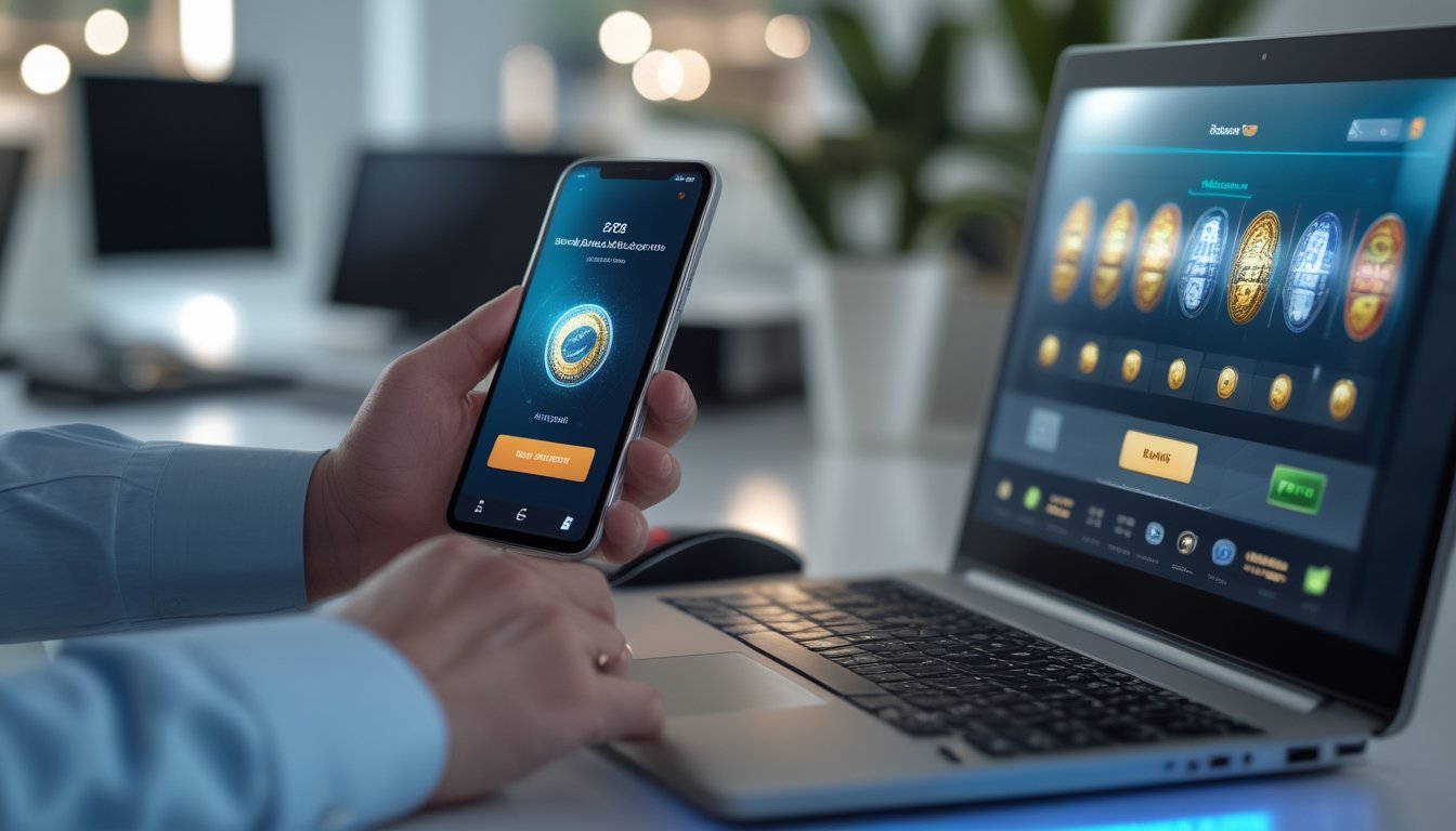 Seseorang menggunakan ponsel untuk melakukan deposit dompet digital sambil membuka permainan slot di laptop.