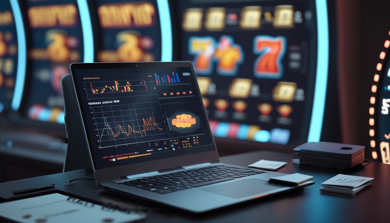 Meja kerja dengan laptop yang menampilkan grafik analisis abstrak, kalkulator, catatan kosong, dan elemen mesin slot yang buram di latar belakang.