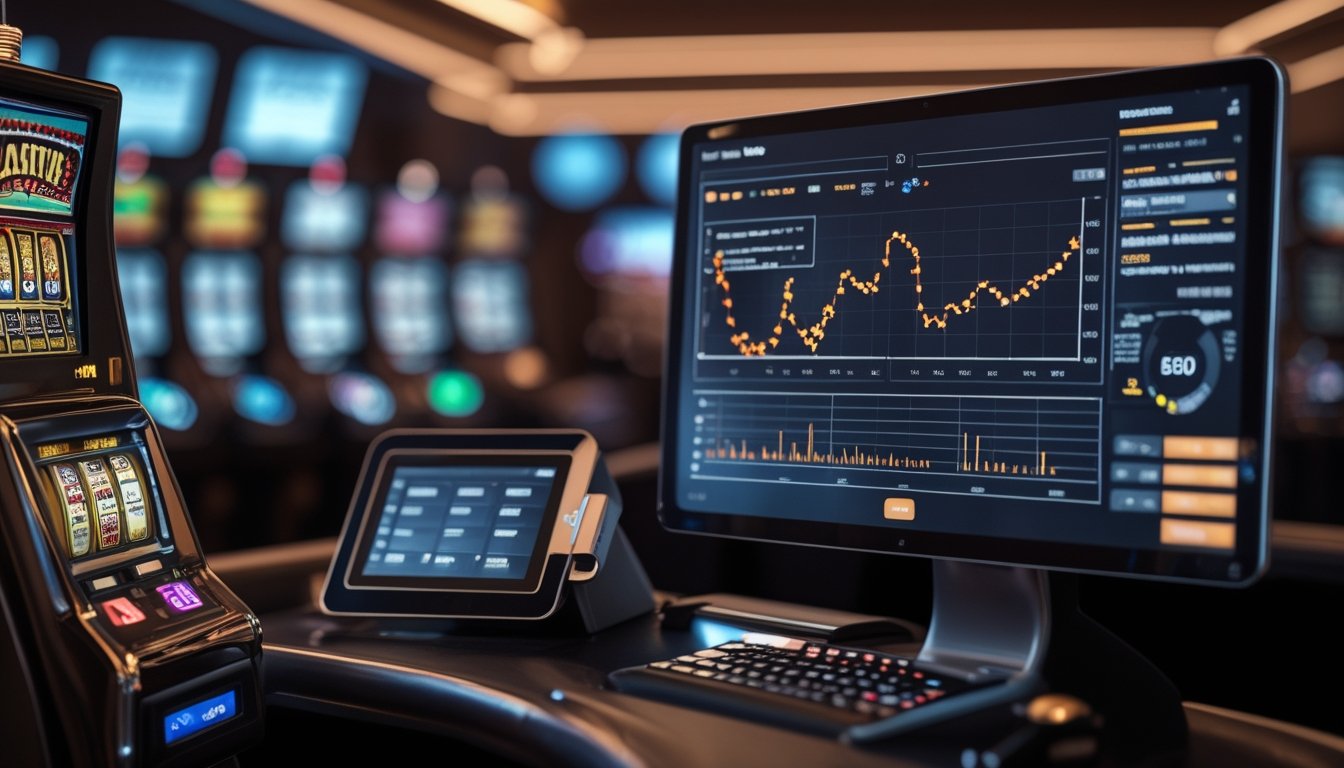 Mesin slot bertema buah dengan layar analisis grafik dan perangkat pembayaran di lingkungan kasino modern.