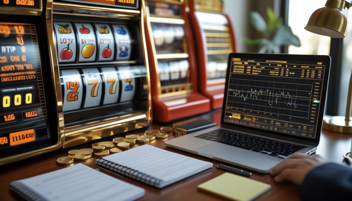 Meja analisis dengan mesin permainan bertema buah, laptop berisi grafik abstrak, kalkulator, koin, dan buku catatan kosong.